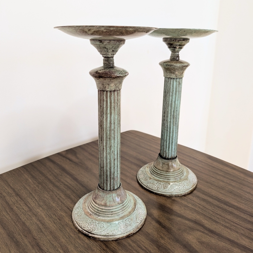 Vintage 1970s Greecian Roman Piller Style Metal Patina Tall Candle Holder Pair - Picture 3 of 7